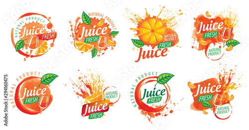 Set of vector orange juice splatter logos on white background