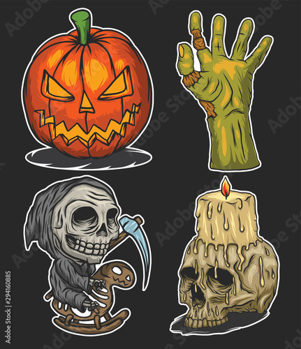 Set of Halloween stickers with hand drawn illustrations of pumpkin, zombie hand, little death and candle on the skull.