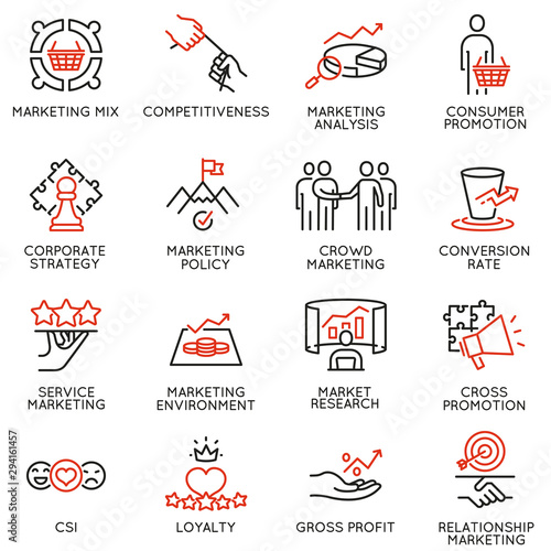 Vector set of linear icons related to business management process, advertising promotion and marketing. Mono line pictograms and infographics design elements - part 5