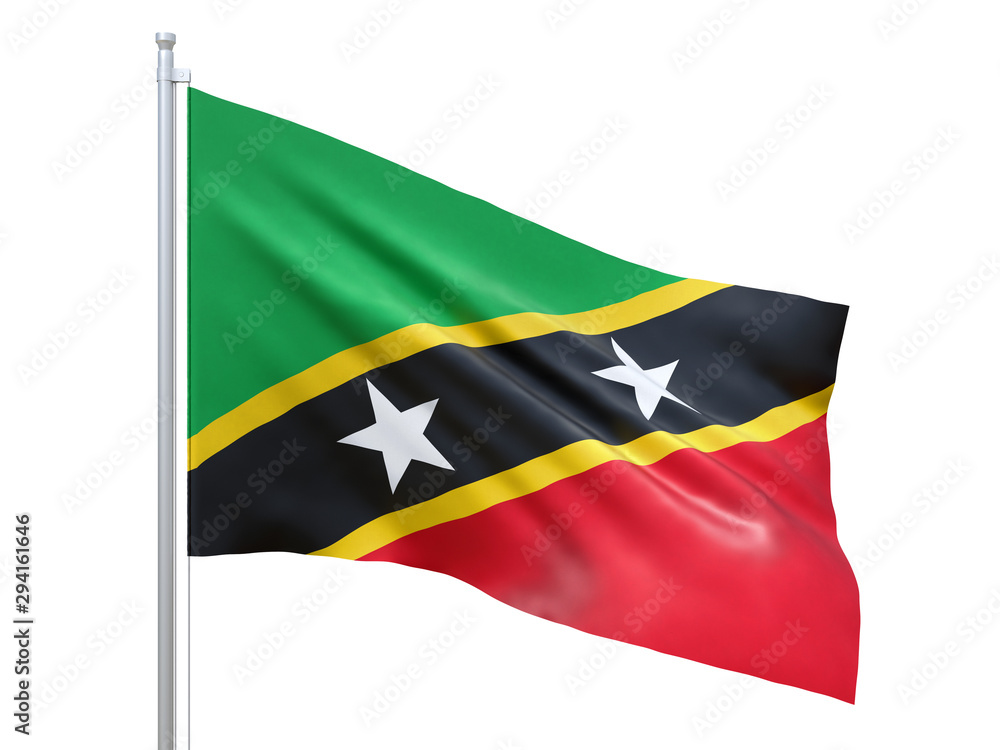 Saint Kitts and Nevis flag waving on white background, close up, isolated. 3D render