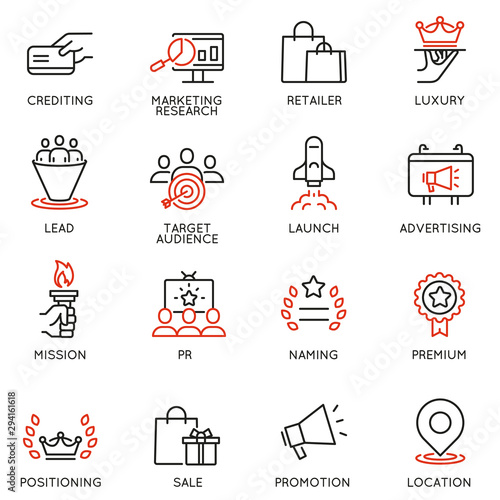 Vector set of linear icons related to business management process, advertising promotion and marketing. Mono line pictograms and infographics design elements - 10