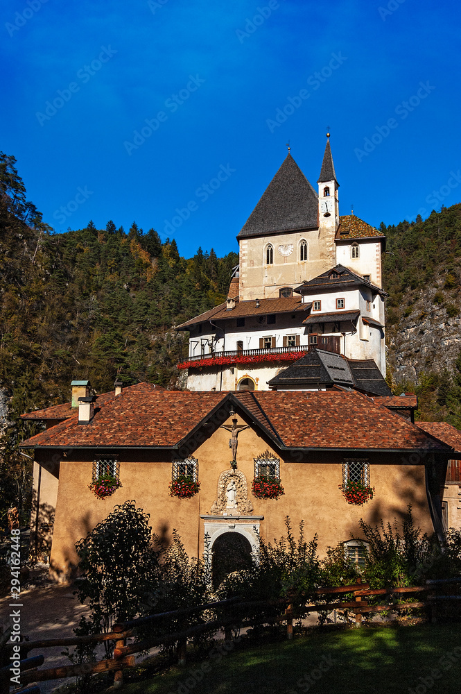 Santuario di San Romedio (1000-1918). Shrine dedicated to the hermit Saint Romedio from the 4th century, Sanzeno, val di Non, Trento province, Trentino Alto Adige, Italy, Europe