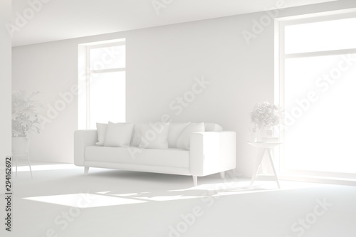 Mock up of stylish room in white color with sofa. Scandinavian interior design. 3D illustration