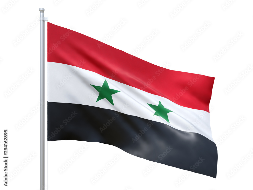 Syria flag waving on white background, close up, isolated. 3D render Syria flag waving on white background, close up, isolated. 3D render