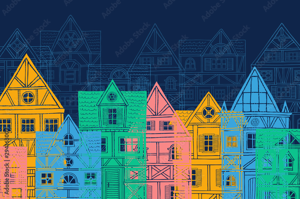 German houses cartoon cover urban landscape blue background. Front view of European city street colorful building facades silhouette. Hand drawn vector illustration sketch style.