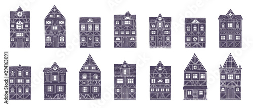 German houses collection, simple sketch style line fasade front view. Outline silhouettes set. Hand drawn vector illustration.