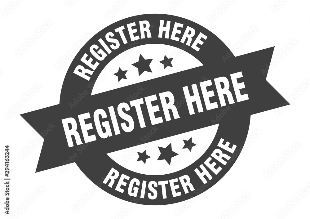 Fototapeta premium register here sign. register here black round ribbon sticker