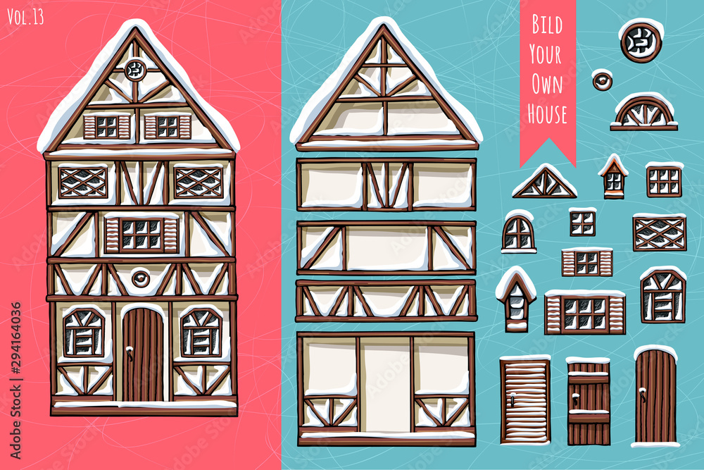 German houses, collection of elements, itemset, roof, windows, doors. Winter seasons snow for postcard design posters background game. Hand drawn vector illustration.