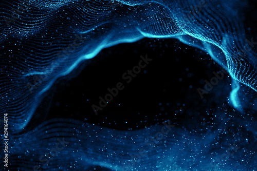 Fototapeta Naklejka Na Ścianę i Meble -  abstract 3d rendering technology plexus blue dynamic digital surface on black background,  geometrical shape with blue lines particles futuristic background