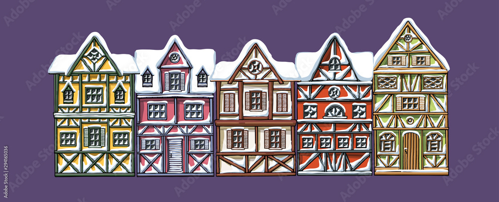 German houses winter cartoon collection urban snow landscape front view of European city street colorful building facades. Hand drawn vector illustration sketch style.