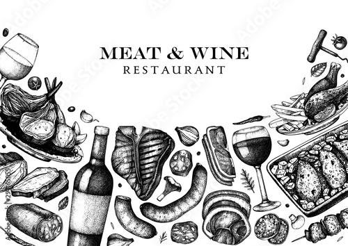 Meat and wine vector design. Hand drawn food and alcoholic drinks illustrations. Meat restaurant menu template in engraved style. Vintage background for meat restaurant, wine bar or pub.
