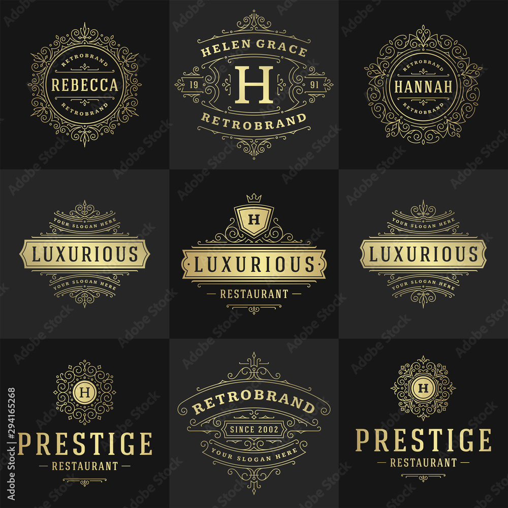 Obraz premium Vintage logos and monograms set elegant flourishes line art graceful ornaments victorian style vector template design