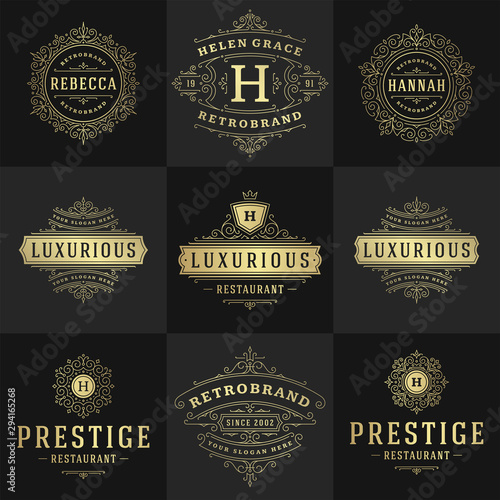 Vintage logos and monograms set elegant flourishes line art graceful ornaments victorian style vector template design