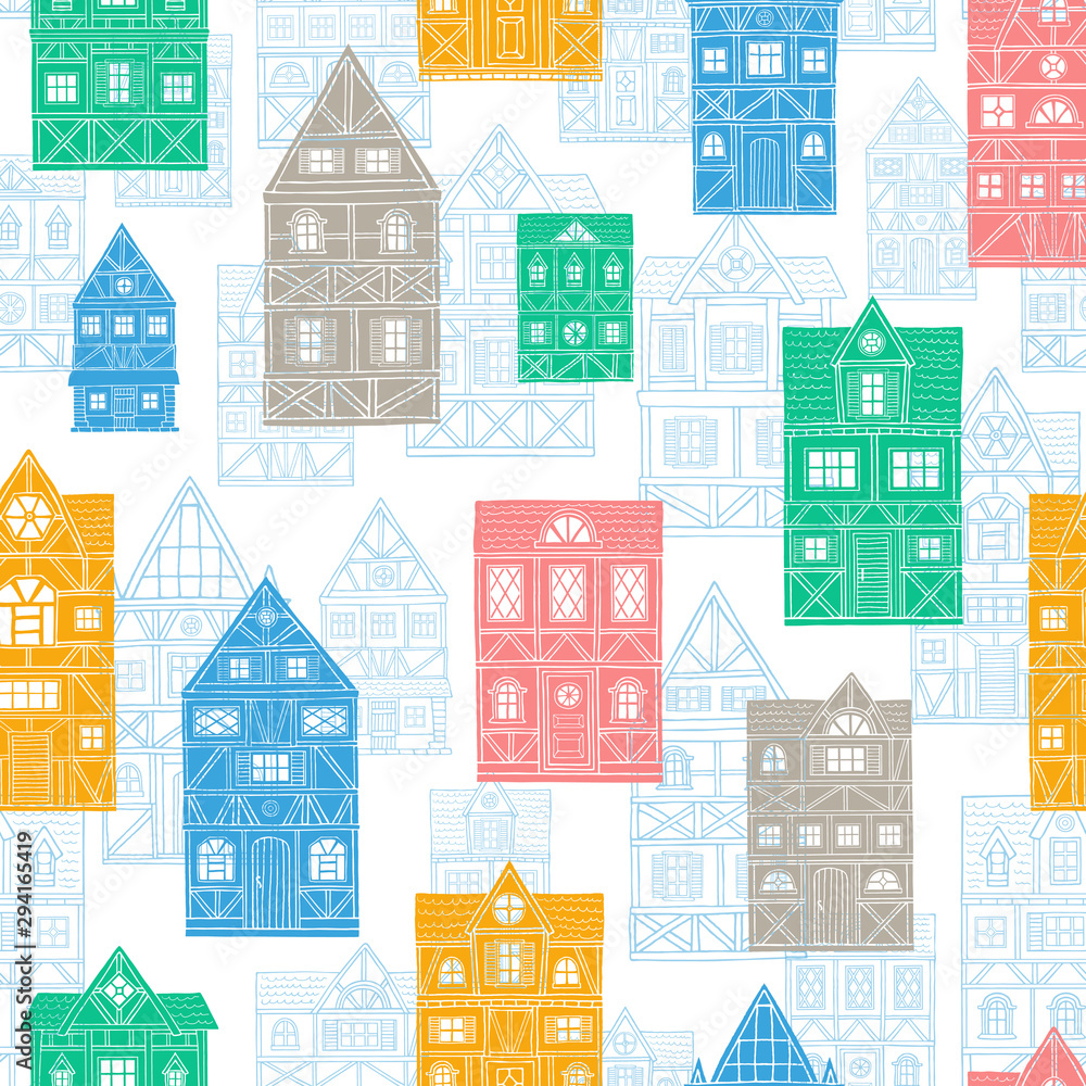 German houses cartoon seamless pattern urban landscape background. Front view of European city street colorful building facades silhouette. Hand drawn vector illustration sketch style.