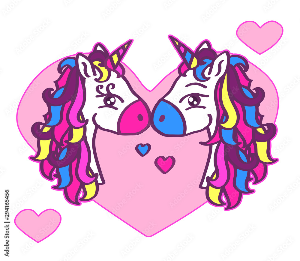 Two cute unicorns on a background of hearts. Vector illustration. 