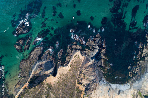 Aerial view of the coastline near the Esteveira Beach in Aljezur, Algarve, Portugal.