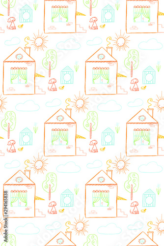 Seamless hand drawn childish pattern with house, dog and sun. Perfect for kids wallpaper, fabric, textile, wrapping and apparel. Vector illustration.
