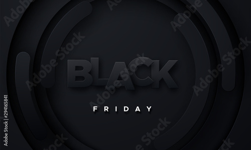 Black Friday sale poster. Commercial discount event banner. Black background textured with paper 3d dynamic shapes. Vector business illustration. Advertising sign.