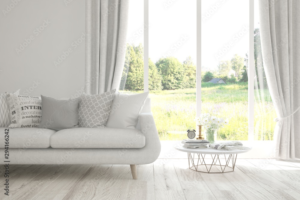 Stylish room in white color with sofa and summer landscape in window. Scandinavian interior design. 3D illustration Stylish room in white color with sofa and summer landscape in window. Scandinavian interior design. 3D illustration