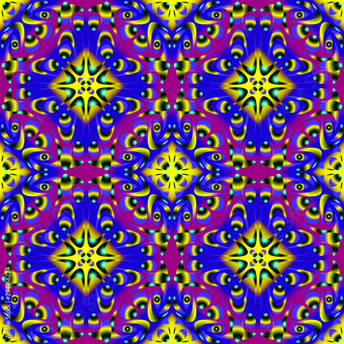 Seamless endless repeating multicolored bright ornament of different colors on combined background