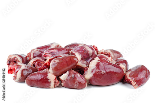 Raw turkey (or chicken) hearts isolated on white background