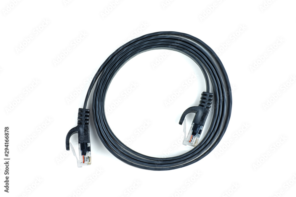 Flat black ethernet (copper, RJ45) patchcord isolated on white background Flat black ethernet (copper, RJ45) patchcord isolated on white background