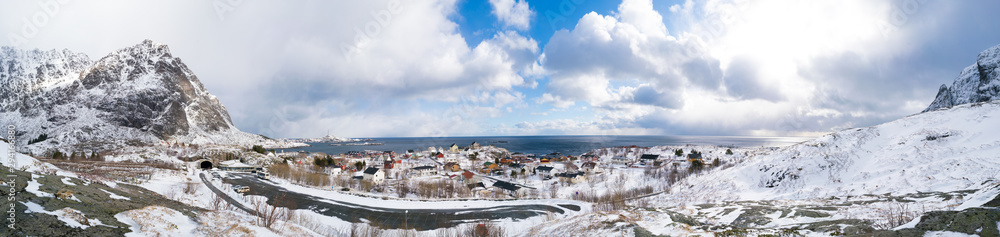 Panorama of a Norwegian village with snow
