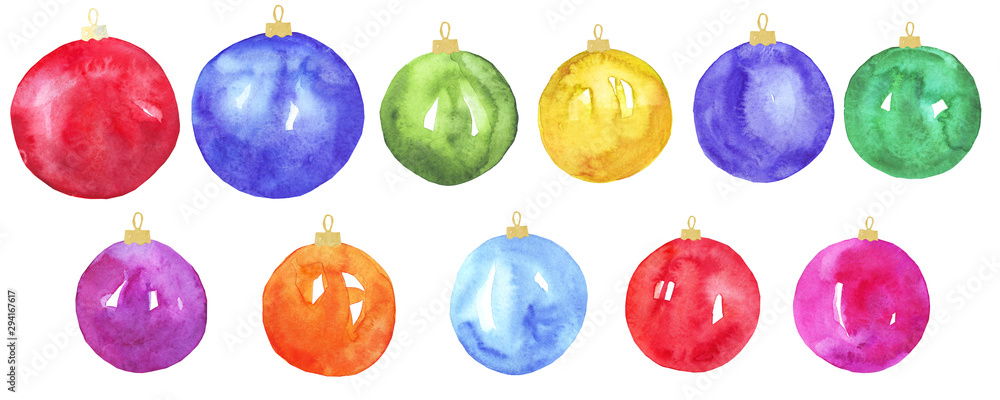 watercolor set of christmas balls on a white background watercolor set of christmas balls on a white background