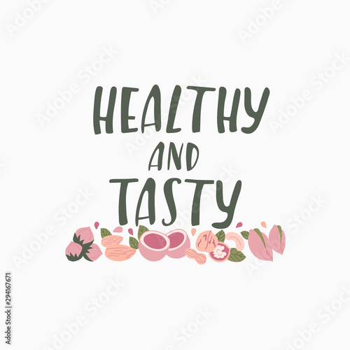 Modern hand drawn lettering with nuts and seeds. Organic healthy food concept. Vector background for your design