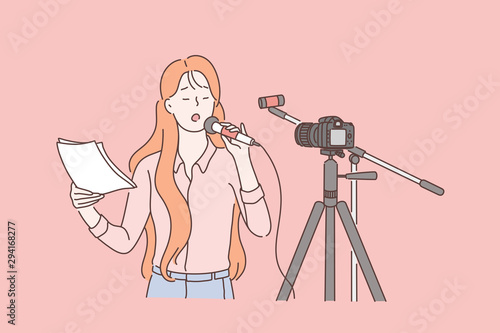 Journalist, trainee on video casting concept. Young girl, newbie reporter with microphone reading text from paper sheets in front of camera on tripod. Simple flat vector