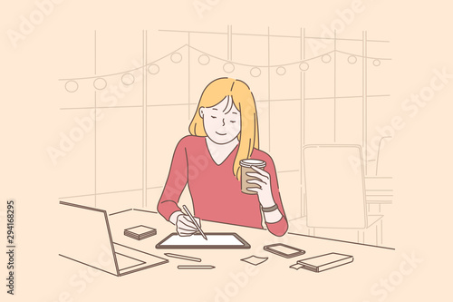 Graphic designers, digital artist occupation concept. Young woman drawing on tablet screen with stylus, relaxed girl drinking coffee in cafe, coworking center. Simple flat vector