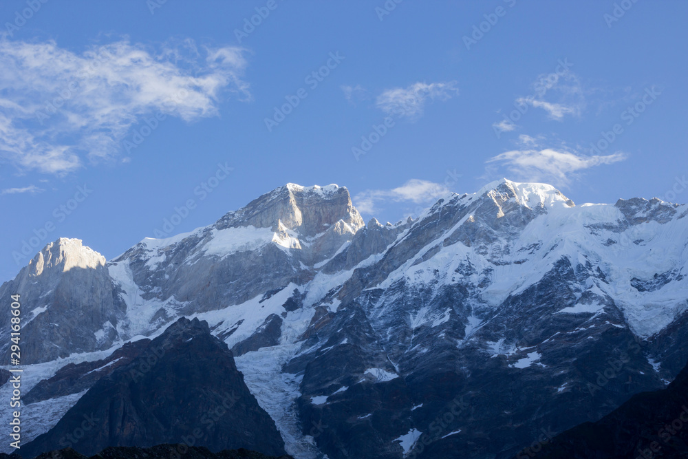 Landscape with snow mountains. Travel, alpinism concept. Copy space