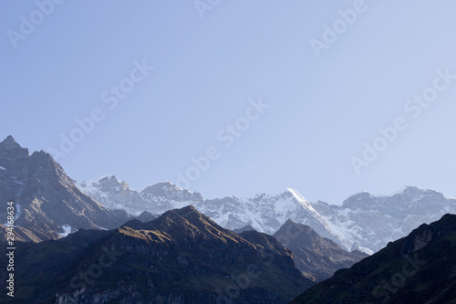 Landscape with snow mountains. Travel, alpinism concept. Copy space