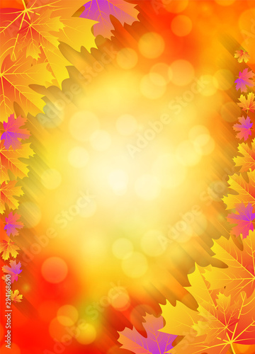 Orange autumn bokeh background with leaves, vector art illustration.