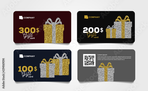 Set of discount cards with gift box made of golden sparkles with money numbers