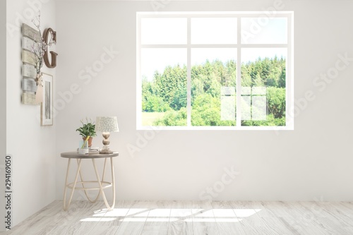 Stylish empty room in white color with summer landscape in window. Scandinavian interior design. 3D illustration © AntonSh