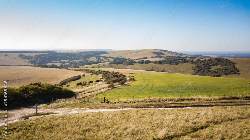 The South Downs, Sussex, England. An elevated view of the Area of Outstanding Natural Beauty (AONB) near Eastbourne on the south coast of England.