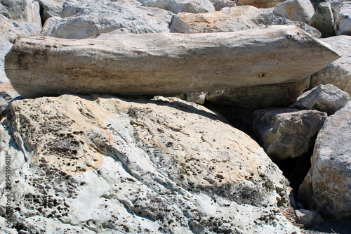 Legno sbiancato e tarlato con roccia photo