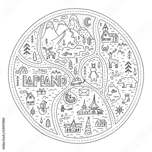 Hand-drawn map of Lapland. City map with famous tourist attractions and symbols. Vector illustration in offline style. Cartoon, abstract scheme. Excursion route.