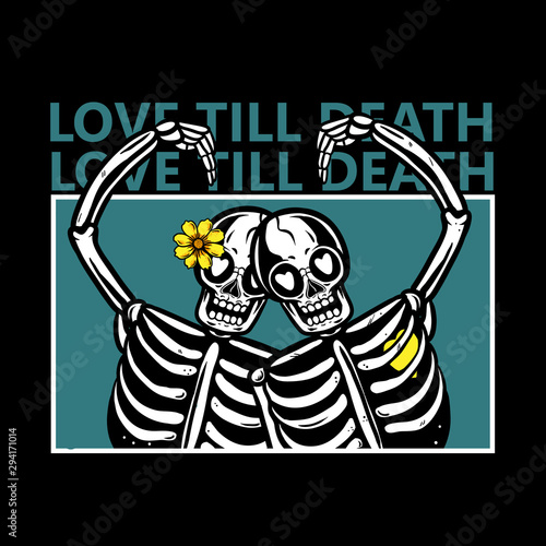 skeleton couples in love with flowers on head. Love till death t-shirt design. Skull love vector illustration for poster or wallpaper