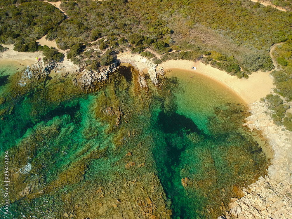 Corsica Figari Testa beach water and rocks aerial view