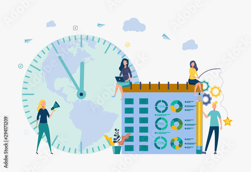 Colorful vector illustration people make online graph in tablet. Planning business task schedules for the week. Work plan. Profit growth plan. Special date. Main day