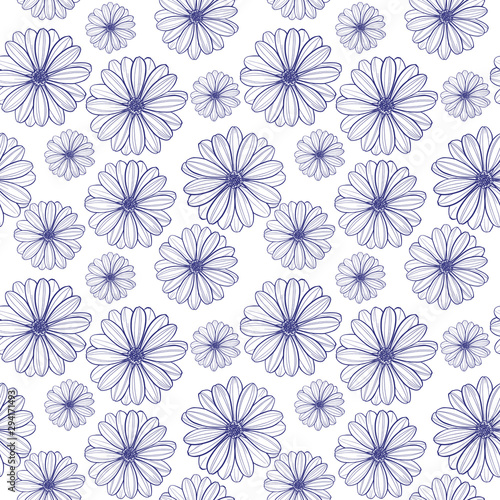 Seamless pattern with blue gerbera flower. single object. Perfect for wallpaper, textile. Vector illustration.