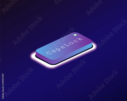CapsLock. Covered with a neon backlit keyboard button. Software development concept. Vector illustration.