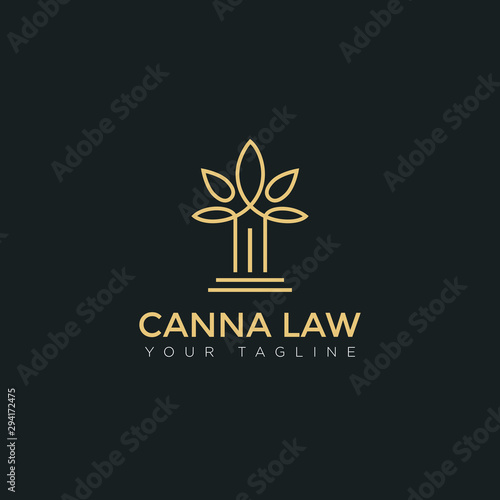logo canna law, with line art pillar and leaf cannabis vector, for lawyer company