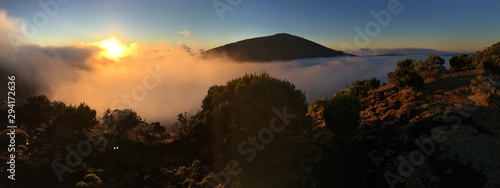 Beautiful sunrise on Reunion island volcano