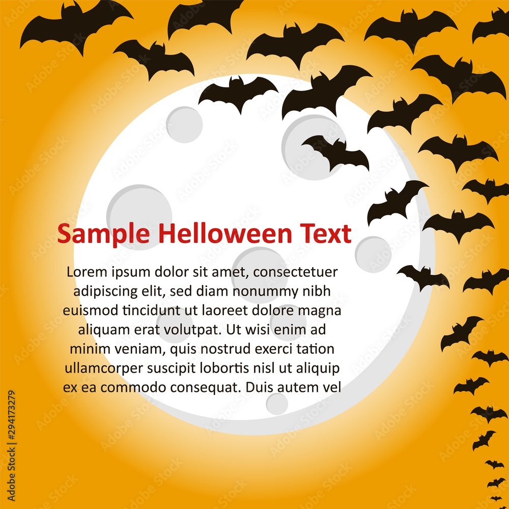 Illustration with flying bats on the full moon. Halloween vector illustration for invitation or greeting card