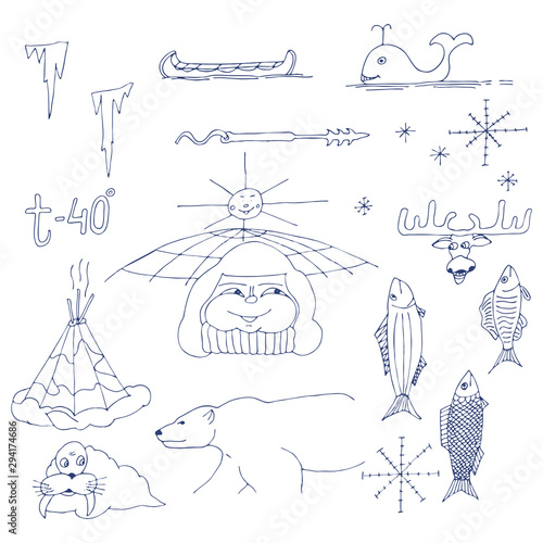 Set of vector drawings of indigenous northern peoples