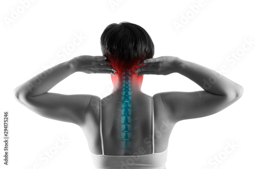 Canvastavla Neck pain, sciatica and scoliosis in the cervical spine isolated on white backgr