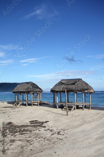 Beach fale, a simple open 'hut' (faleo'o Samoan language), popular in budget eco-tourism in Samoa. Beautiful day fale at Lalomanu Beach